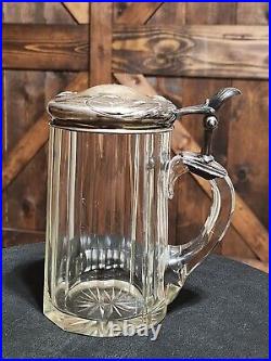 ANTIQUE 1870-1880s German Silver (. 800) Lidded & Glass Tankard Beer Stein 05. L