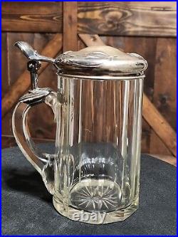 ANTIQUE 1870-1880s German Silver (. 800) Lidded & Glass Tankard Beer Stein 05. L