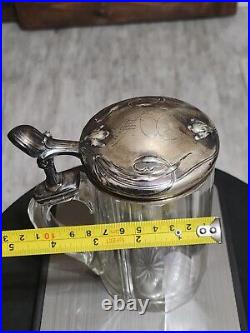 ANTIQUE 1870-1880s German Silver (. 800) Lidded & Glass Tankard Beer Stein 05. L