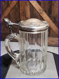 ANTIQUE 1870-1880s German Silver (. 800) Lidded & Glass Tankard Beer Stein 05. L