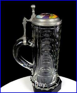 ANTIQUE GERMAN CUT GLASS THUMBPRINT CERAMIC PAINTED LID 8.5 BEER STEIN 1870s