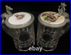 ANTIQUE LIDDED BEER STEINS 2pcs GERMAN SWISS Glass Pewter Porcelain w Enamel Art