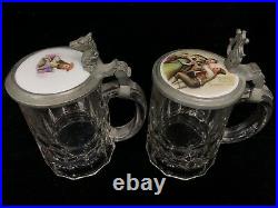 ANTIQUE LIDDED BEER STEINS 2pcs GERMAN SWISS Glass Pewter Porcelain w Enamel Art