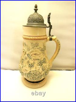 ANTIQUE VINTAGE LARGE 3 LITER GERMAN BEER STEIN with PEWER LID 15 VGC