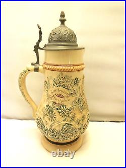 ANTIQUE VINTAGE LARGE 3 LITER GERMAN BEER STEIN with PEWER LID 15 VGC