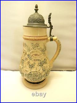 ANTIQUE VINTAGE LARGE 3 LITER GERMAN BEER STEIN with PEWER LID 15 VGC