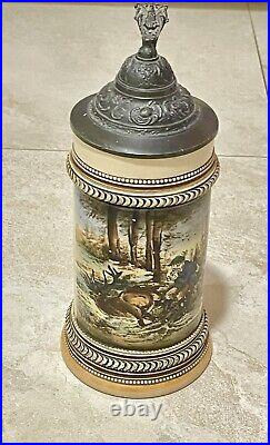 Antique 0.5 Liter Stoneware German Beer Stein Hunting