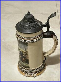 Antique 0.5 Liter Stoneware German Beer Stein Hunting