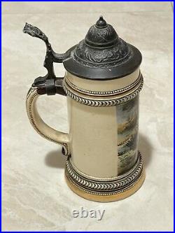 Antique 0.5 Liter Stoneware German Beer Stein Hunting