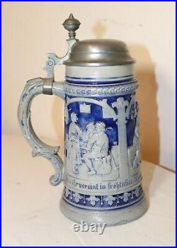 Antique 1 ltr. Westerwald German pottery pewter lidded beer stein mug tankard