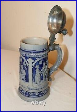 Antique 1 ltr. Westerwald German pottery pewter lidded beer stein mug tankard