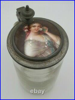 Antique 1800's German Lidded Glass & Pewter Beer Stein /w Hand Painted Porcelain