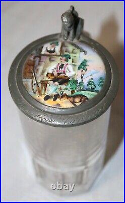 Antique 1800's hand painted porcelain glass pewter German lidded beer stein mug