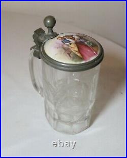 Antique 1800's hand painted porcelain glass pewter German lidded beer stein mug/