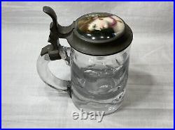 Antique 1800s German Cut Glass Beer Stein Pewter & Hand-Painted Porcelain Lid