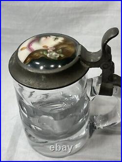 Antique 1800s German Cut Glass Beer Stein Pewter & Hand-Painted Porcelain Lid