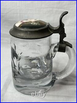 Antique 1800s German Cut Glass Beer Stein Pewter & Hand-Painted Porcelain Lid