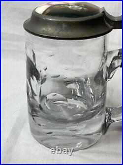 Antique 1800s German Cut Glass Beer Stein Pewter & Hand-Painted Porcelain Lid