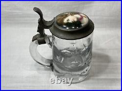 Antique 1800s German Cut Glass Beer Stein Pewter & Hand-Painted Porcelain Lid