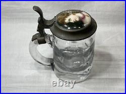 Antique 1800s German Cut Glass Beer Stein Pewter & Hand-Painted Porcelain Lid