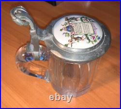 Antique 1800s German Glass Beer Stein with Pewter & Hand-Painted Porcelain Lid 6.5