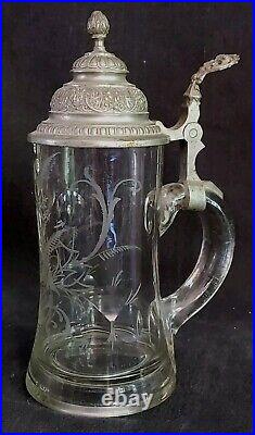 Antique 1892 Etched Konrad Stockle Crystal Glass Pewter German Beer Stein 9