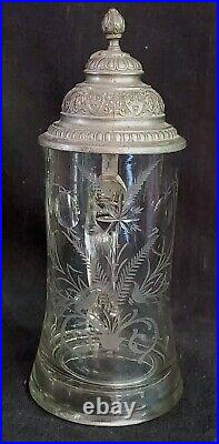 Antique 1892 Etched Konrad Stockle Crystal Glass Pewter German Beer Stein 9