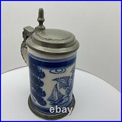Antique 18thC German Faience Ceramic Beer Stein Pewter Lid Marked Blue/White