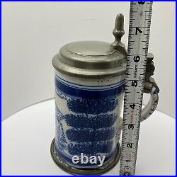Antique 18thC German Faience Ceramic Beer Stein Pewter Lid Marked Blue/White