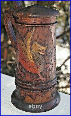 Antique 1900 30s Black Forest Wood Carved German Stein Tankard Dragon Motif
