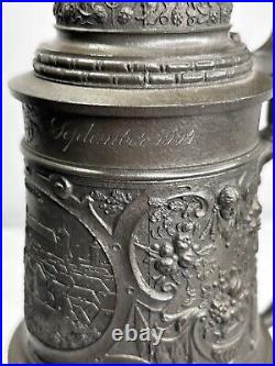 Antique 1904 German Patriotic Pewter Beer Stein/Server With Lid. Personalized