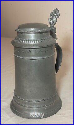 Antique 1926 handmade pewter lidded German honorary presentation beer stein mug