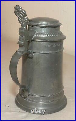 Antique 1926 handmade pewter lidded German honorary presentation beer stein mug