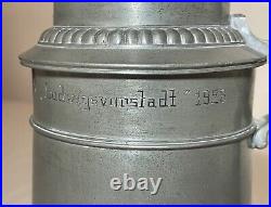 Antique 1926 handmade pewter lidded German honorary presentation beer stein mug