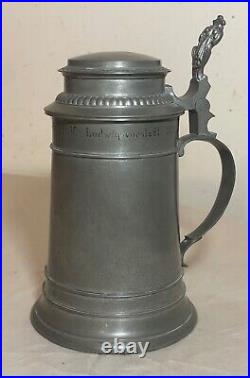 Antique 1926 handmade pewter lidded German honorary presentation beer stein mug