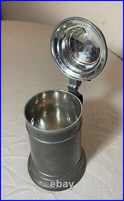 Antique 1926 handmade pewter lidded German honorary presentation beer stein mug