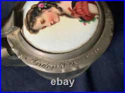 Antique 19th hand painted porcelain glass pewter German lidded beer stein Mug