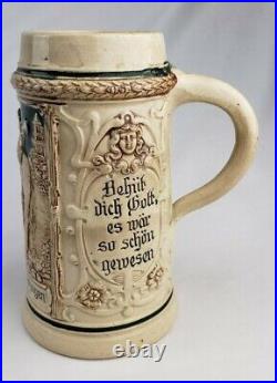 Antique 19thc Stoneware German Beer Stein Tankard Vessle Trompeter Von Sackingen