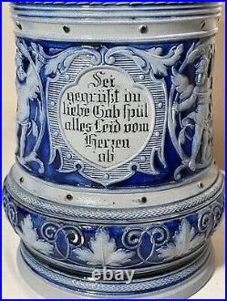 Antique 1L Westerwald German pottery pewter cherub lidded beer stein mug tankard