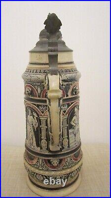 Antique 3L German Stoneware Beer Stein Pitcher Kings & Holy Roman Emperors 15in