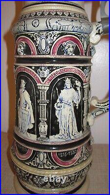 Antique 3L German Stoneware Beer Stein Pitcher Kings & Holy Roman Emperors 15in