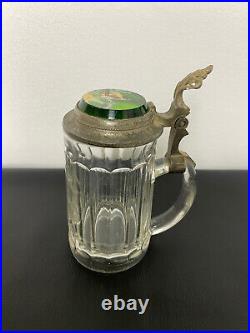 Antique Bavaria German Beer Mug Clear Crystal Pewter Lid Enameled Green Glass