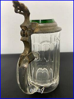 Antique Bavaria German Beer Mug Clear Crystal Pewter Lid Enameled Green Glass