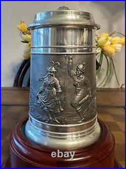 Antique Bavarian Beer Stein German Pewter Jug Decorative Relief Circa 1920