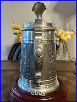 Antique Bavarian Beer Stein German Pewter Jug Decorative Relief Circa 1920