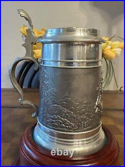 Antique Bavarian Beer Stein German Pewter Jug Decorative Relief Circa 1920