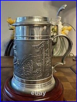 Antique Bavarian Beer Stein German Pewter Jug Decorative Relief Circa 1920