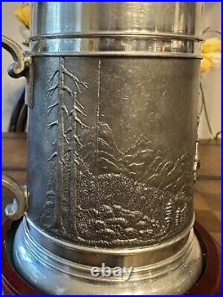 Antique Bavarian Beer Stein German Pewter Jug Decorative Relief Circa 1920