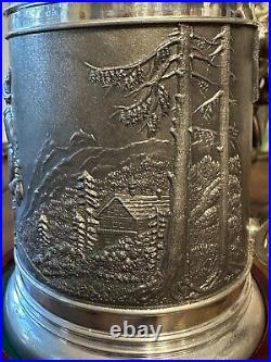 Antique Bavarian Beer Stein German Pewter Jug Decorative Relief Circa 1920