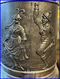 Antique Bavarian Beer Stein German Pewter Jug Decorative Relief Circa 1920